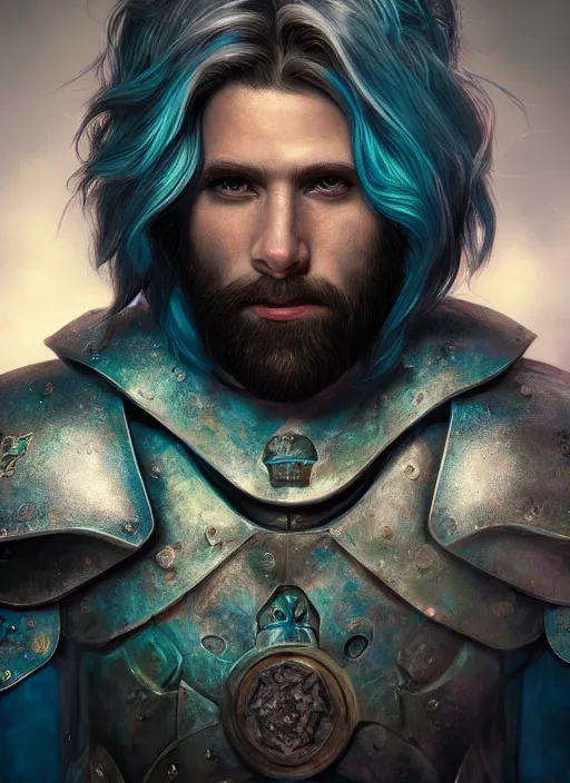 Prompt: an epic fantastic realism comic book style portrait painting of an aasimar paladin, male, shaggy silver hair, short brown beard, d & d concept art, unreal 5, daz, teal aesthetic, octane render, cosplay, rpg portrait, dynamic lighting