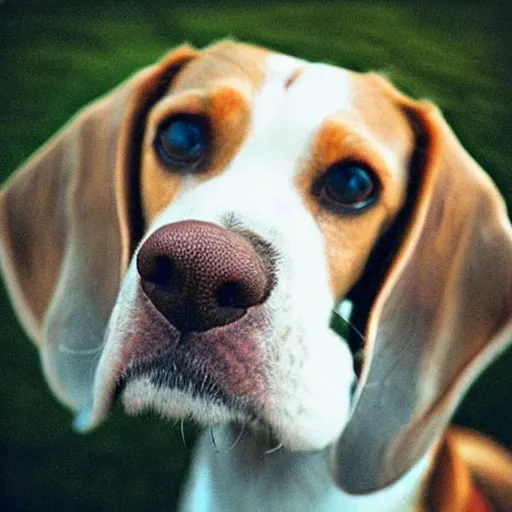 Prompt: “A cartoon of an old Beagle with big exaggerated eyes looks up at the camera sweetly, soft focus, bright colors, high detail”