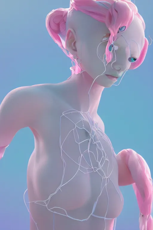 Prompt: an epic non - binary model, subject made of white mesh rope, with cerulean and pastel pink bubbles bursting out, delicate, beautiful, intricate, liquid background, melting into sylveon, houdini sidefx, by jeremy mann and ilya kuvshinov, jamie hewlett and ayami kojima, trending on artstation, bold 3 d