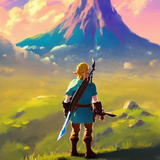 Image similar to oil painting of zelda breath of the wild, mountain in the background. beautiful, rpg, dnd, artstation, artgerm, disney, pixar