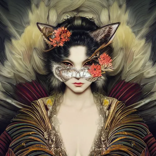 Prompt: a Photorealistic dramatic fantasy render of a beautiful woman wearing a beautiful intricately detailed Japanese Cat Kitsune mask and clasical Japanese Kimono by WLOP,Artgerm,Greg Rutkowski,Alphonse Mucha, Beautiful dynamic dramatic dark moody lighting,shadows,cinematic atmosphere,Artstation,concept design art,Octane render,8K The seeds for each individual image are: [776019292, 1062745771, 1148154070, 1918173297, 3753186912, 2580096825, 1048240605, 1036347771, 956032557]