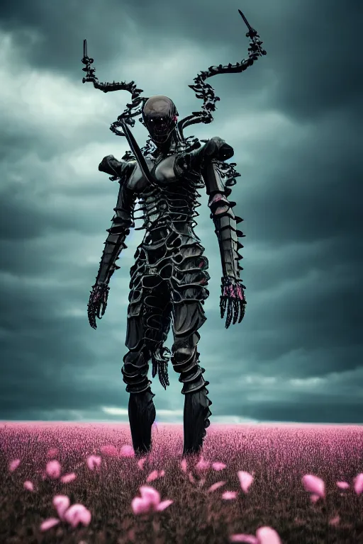 Image similar to hyperrealistic neo - gothic human monster hybrid, exoskeleton armor, fighting with katana, field of pink flowers, highly detailed digital art masterpiece, vitaly bulgarov dramatic dark teal light, ground angle hd 8 k, sharp focus