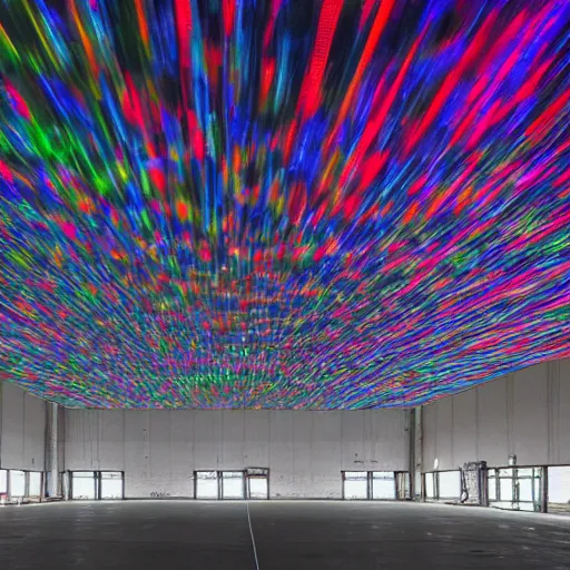 Prompt: high quality professional canon wide - angle lens photo of large scale immersive public art installation inside low light giant old manufacturing facility venue width single suspended big sphere with space liquid generative visuals projected on it and giant led screen on ceiling. rich colors, high contrast, gloomy atmosphere, dark background. trending on artstation.