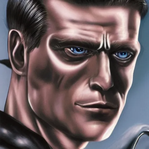 Image similar to T-800 and johnny silverhand combined, hyperrealistic