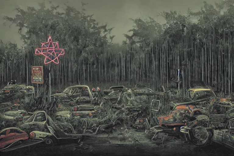 Image similar to scene from louisiana swamps, voodoo cult, old protestant church with neon satanic pentagram, junkyard by the road, boy scout troop, voodoo artwork by tim eitel