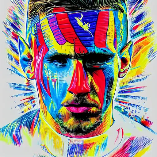 Prompt: peripheral lobotomy of messi, in the style of cyborg adi granov, colourful hand drawing, beautiful faces, dramatic, tragic, intricate, detailed, beautiful