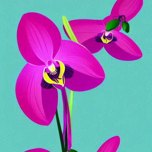 Prompt: orchids, screen print, cut out, flat, bold, gradients, dynamic composition, vaporwave