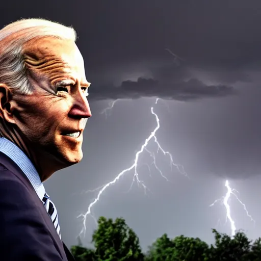 Image similar to Giant Mega Chad Dark Mode Joe Biden looming over a thunderstorm