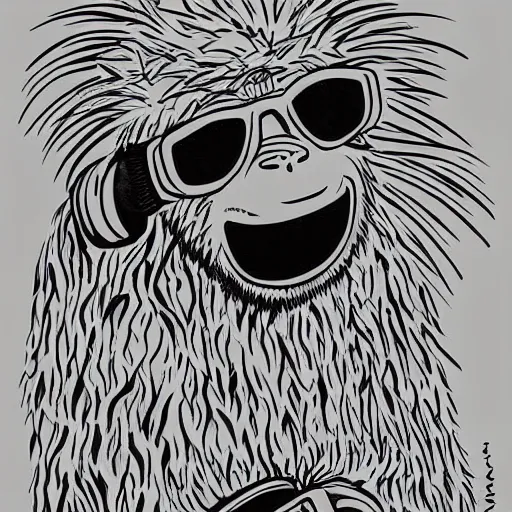 Prompt: colorful!!!!!!!!!!!!! mcbess illustration of a primate wearing headphones and sunglasses