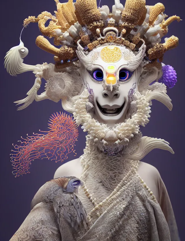 Image similar to 3 d goddess close - up profile portrait with crown, ram skull. beautiful intricately detailed japanese crow kitsune mask and clasical japanese kimono. betta fish, jellyfish phoenix, bio luminescent, plasma, ice, water, wind, creature, artwork by tooth wu and wlop and beeple and greg rutkowski