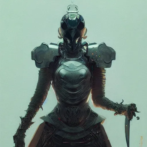 Image similar to portrait girl with armor in style of ghost blade by hsiao ron cheng, tetsuya ichida, tsutomu nihei, moebius, exquisite detail, extremely moody lighting, 8 k, art nouveau, old chines painting,