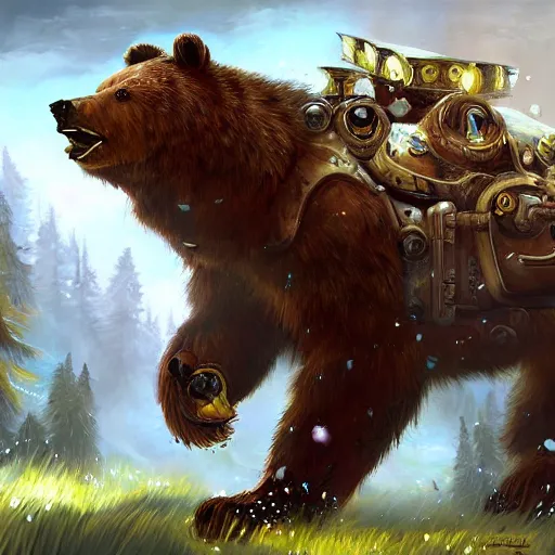 Prompt: a beautiful painting of a mechanical bear walking through a boreal forest, world of warcraft concept art