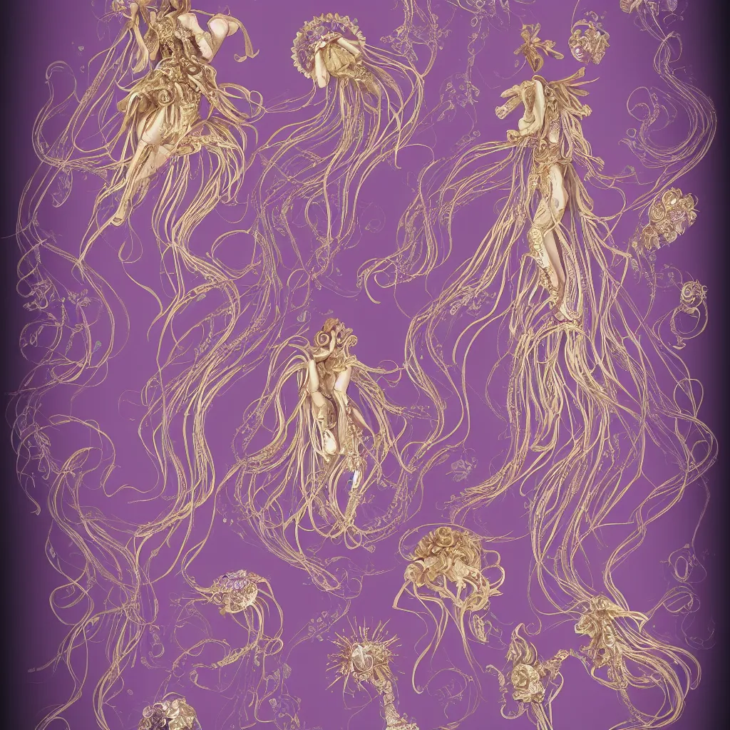 Prompt: purple dress design in the style of rococo ,Victorian era，jellyfish element,Gold roselace,dreamy, soft ,Backlight ,luminescence，Aetherpunk,highly detailed,8k