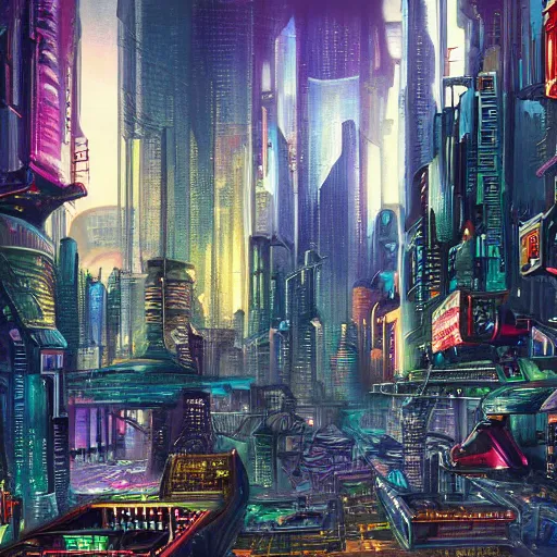 Prompt: cyberpunk cityscape, highly detailed fantasy art painting, 1 9 5 0 s style