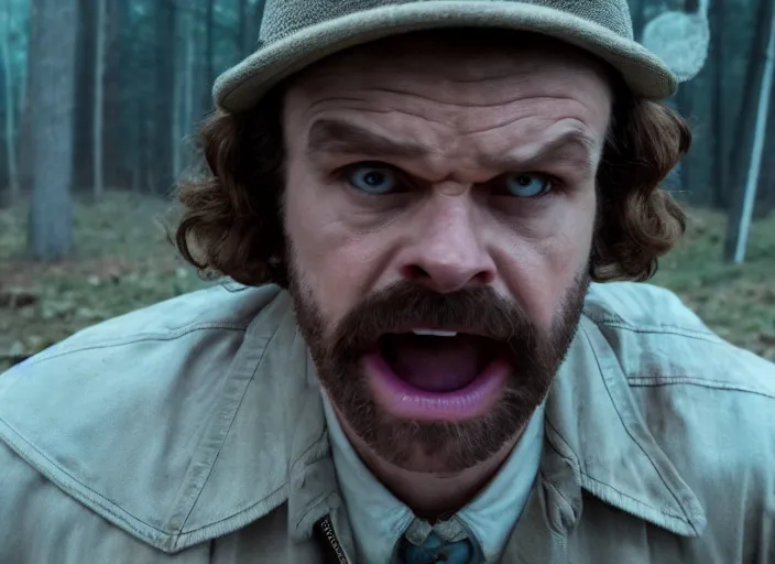 Image similar to film still of!!!!! john dunbar!!!!! as jim hopper in the upside down in stranger things, 4 k