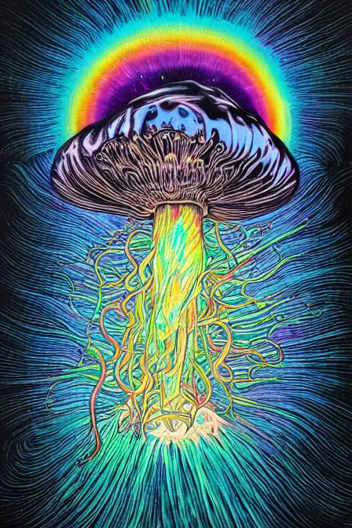 Prompt: an iridescent huge minds eye, exploding mushroom cloud dmt lsd limerence paintbrush jellyfish nervous system suspended in rainbow liquid paint lake on a creative whimiscal alien planet, black paper, obscure, serendipity, gustave darrow, dan mumford, wlop, artgerm, moebius, metatron, symmetrical