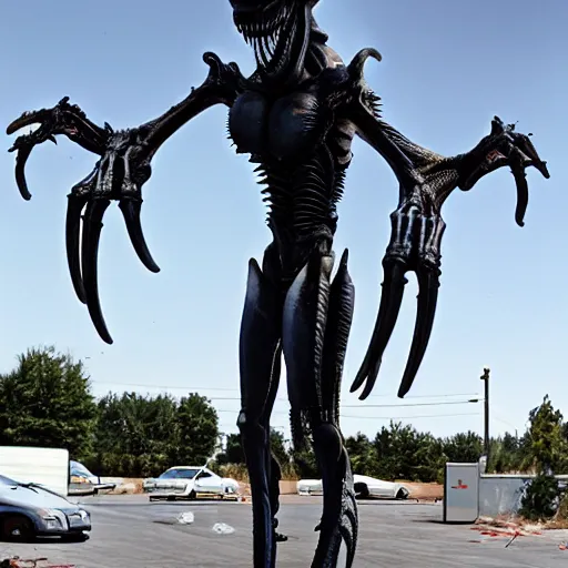 Image similar to a giant hr giger xenomorph alien queen standing on a busy walmart parking space in broad daylight. there are smashed cars