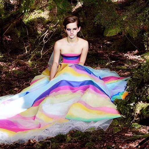 Image similar to photo of emma watson wearing a rainbow wedding gown sitting in a forest