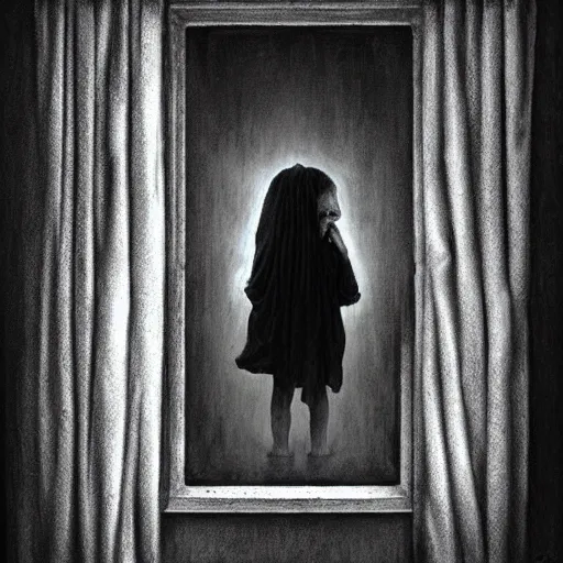 Prompt: Curtain Ghost by Mark Arian, dark, horror, surrealism, horror scene of a child staring outside the window. Screaming for help by Santiago Caruso, Stefan Koidl and Kentaro Miura