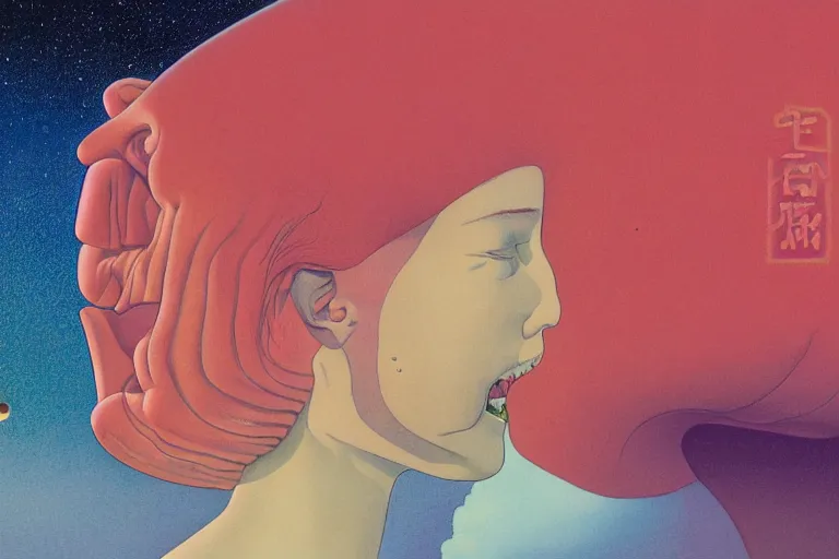 Image similar to a scifi closeup portrait of a young british woman licking a blotter paper of LSD acid on his tongue and dreaming psychedelic hallucinations in cosmos, by kawase hasui, moebius, Edward Hopper and James Gilleard, Zdzislaw Beksinski, Steven Outram colorful flat surreal design, hd, 8k, artstation