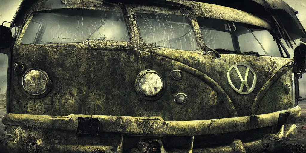 Prompt: close up of a vw campervan in an old industrial vw factory, a ghostly figure is walking between the broken cars, everything is rusted and broken and covered in moss, night time low light, spooky and scary atmosphere, artstation,