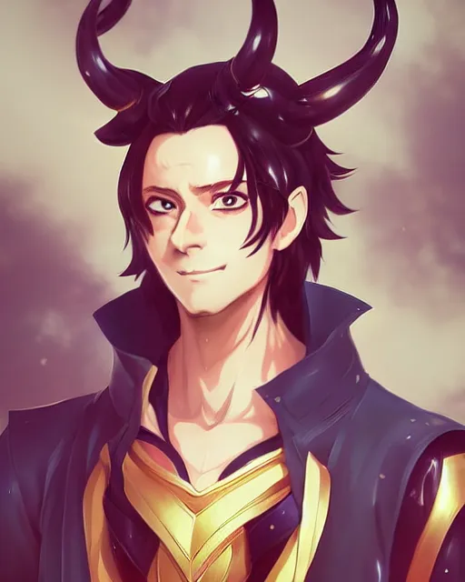 Image similar to anime portrait of Loki as an anime man by Stanley Artgerm Lau, WLOP, Rossdraws, James Jean, Andrei Riabovitchev, Marc Simonetti, and Sakimichan, trending on artstation