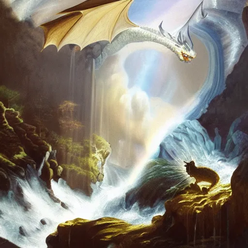 Image similar to oil painting of a dragon flying in the air near a cave with a waterfall in the center, light emanating from the waterfall leading to a big pool of water, dragon has black and white siberian tigerlike stripes, elegant, sharp focus, wide shot, clear, detailed, early renaissance