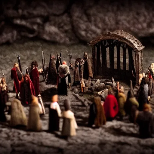 Image similar to needle felt action shot of the council of the ring, lotr, dramatic lighting, creepy, dslr, tilt shift, extremely textured, realistic hyper detailed