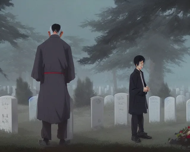 Prompt: a 50 year old brunnete chinese man Standing at a funeral in a cemetery next to the grim reaper, horror scene, dramatic, anime art, Greg Rutkowski, studio ghibli, dramatic lighting