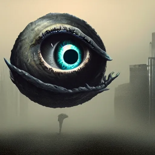 Image similar to a giant eyeball monster conquering a foggy city, photorealistic