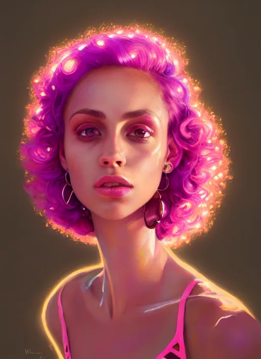 Image similar to portrait of vanessa morgan with bright pink hair, curly pixie cut hair, wearing a purple breton cap, breton cap, hoop earrings, intricate, elegant, glowing lights, highly detailed, digital painting, artstation, concept art, smooth, sharp focus, illustration, art by wlop, mars ravelo and greg rutkowski