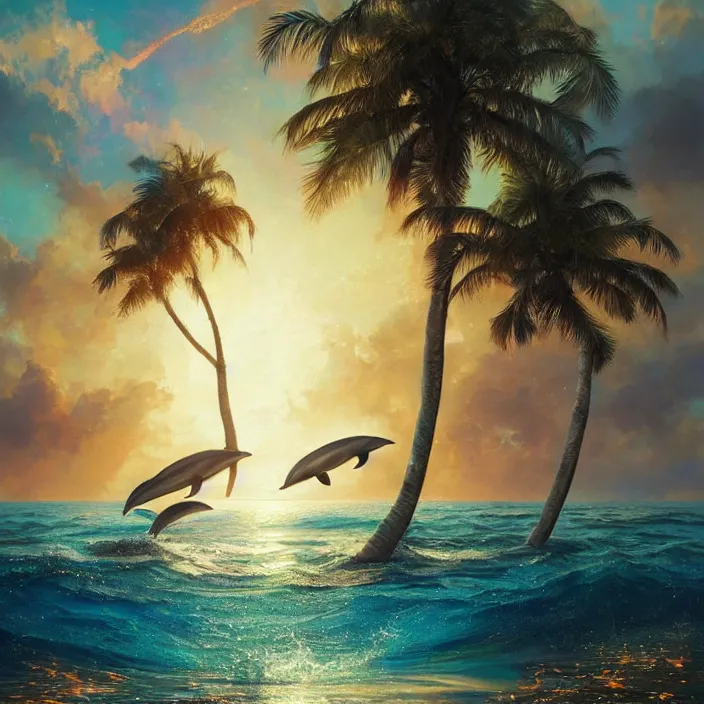 Image similar to dolphins swimming, golden hour, god rays, by artgerm and ruan jia and ismail inceoglu and greg olsen, palm trees, cosmos, milky way galaxy, masterpiece, beautiful, intricate, elegant, highly detailed