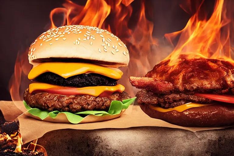 Image similar to mcdonalds hamburger burning to a crisp, commercial photography