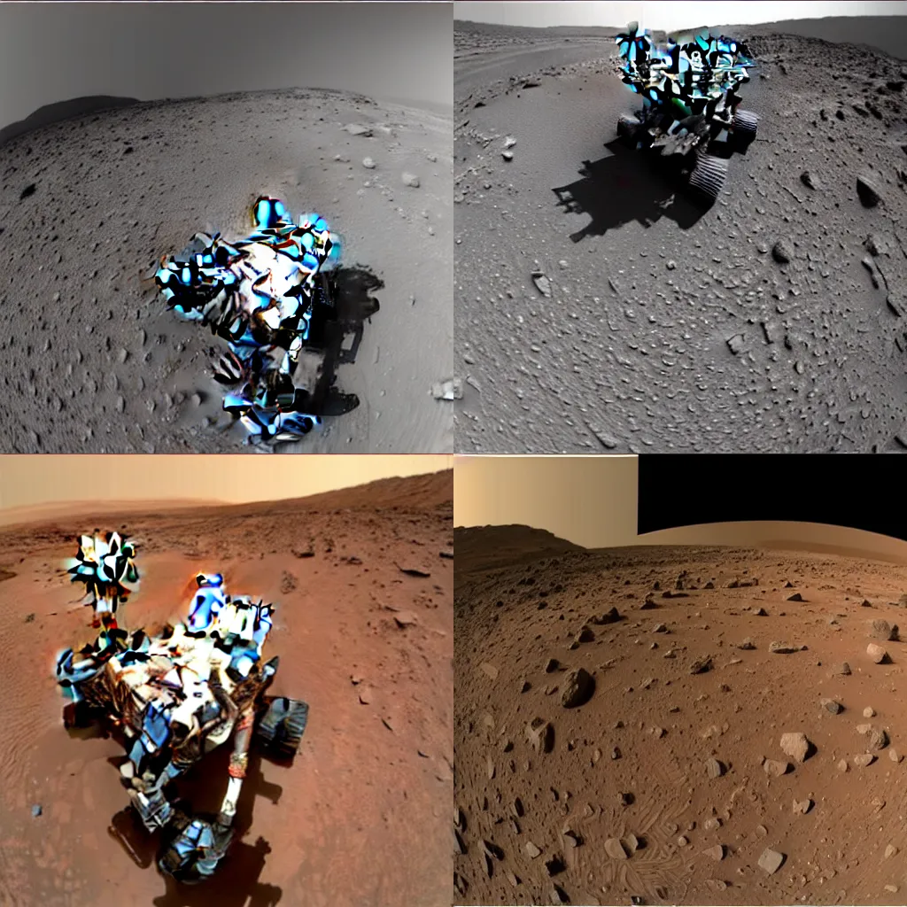 Prompt: curiosity footage on Mars, an alien walking