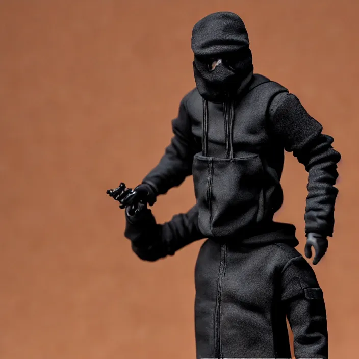 Image similar to kanye west using a face covering black mask with small holes, a black shirt, a black overinflated puffer jacket and black rubber boots, a hot toys figure of kanye west using a black mask with small holes, a black shirt, a black undersize hoodie and black rubber boots, figurine, detailed product photo