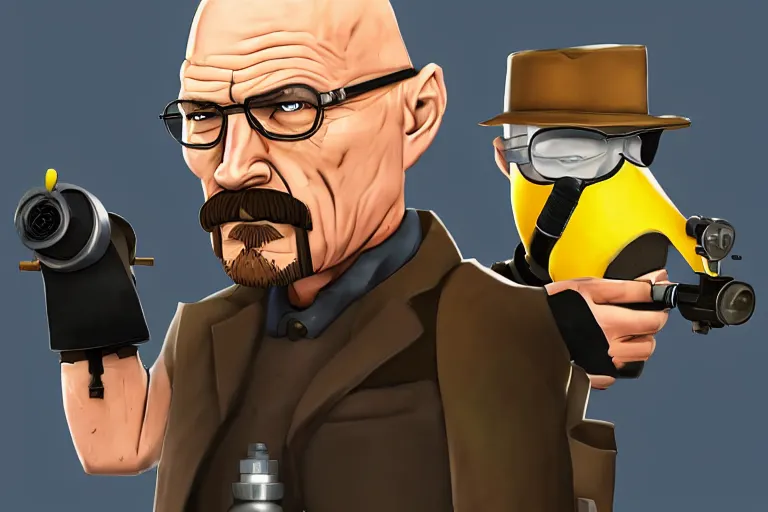 Prompt: Walter White is Heavy from Team Fortress 2 firing a minigun, in the style of TF2