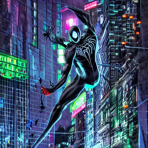 Image similar to Symbiote-Suit wearing Spider-Man looking determined and web-swinging through Cyberpunk New York City at night in the rain lit up by neon signs, hyperrealistic, 4k