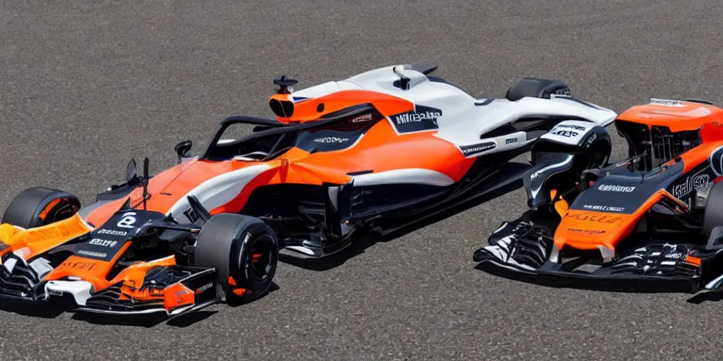 Image similar to McLaren MCL34 F1 car 2021 with Ford Mustang GT 2021 front design. No background, concept art style.