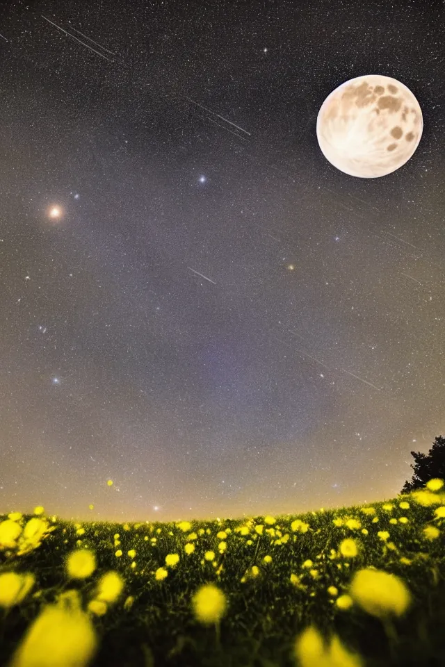 Prompt: low angle, shot from below. two very large moons in night sky. galaxies and milky way in the night sky. 3 0 second shot. heavy meteor shower. field of big frozen yellow flowers. f 1. 8 lens, 1 6 mm, lens flare, bokeh. high detail. photorealistic, romantic