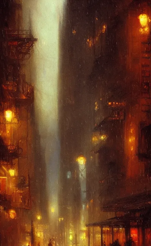 Prompt: Raining New York night alley by Raphael Lacoste and Pierre Auguste Cot and Delphin Enjolras and Daniel F. Gerhartz