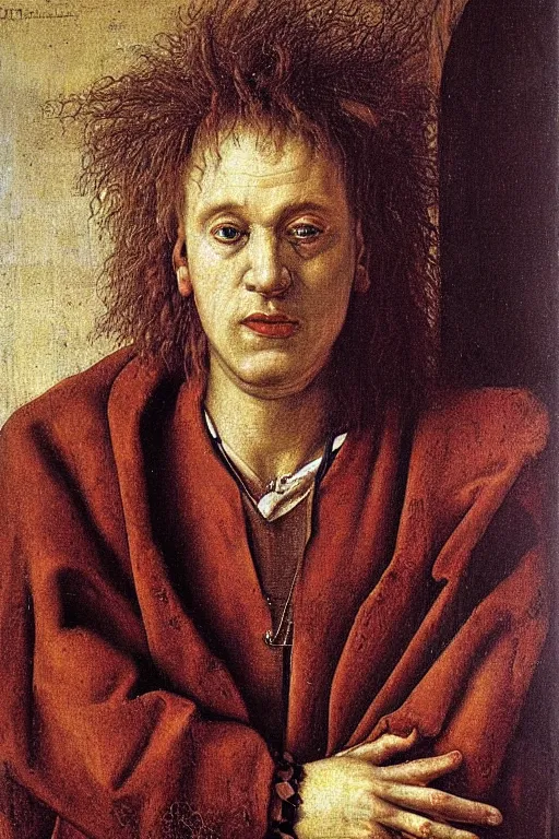 Image similar to portrait of robert smith, oil painting by jan van eyck, northern renaissance art, oil on canvas, wet - on - wet technique, realistic, expressive emotions, intricate textures, illusionistic detail