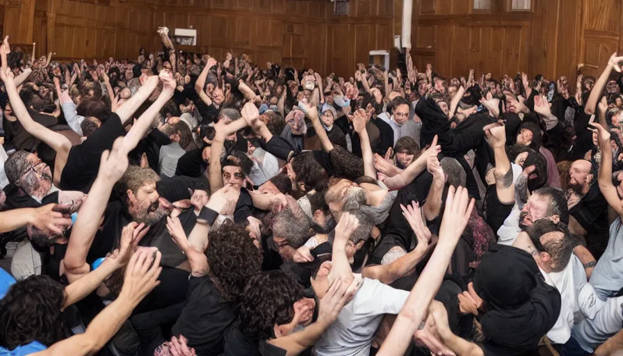 Prompt: moshpit at the synagogue