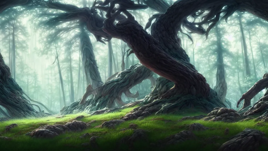 Image similar to forest clearing landscape, pastel color tones, fantasy, elegant, highly detailed, digital painting, artstation, concept art, smooth, sharp focus, illustration, wide angle, artbook, wallpaper, splash art, promo art, soul calibur, league of legends, art by artgerm and greg rutkowski and bo chen and jin xiaodi