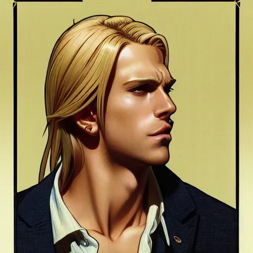 Prompt: highly detailed vfx portrait of a blond centre parting pretty boy by eiichiro oda, makoto shinkai, alphonse mucha, sharp focus, art by artgerm and greg rutkowski!, backlit, harsh overhead sunlight, detailed,