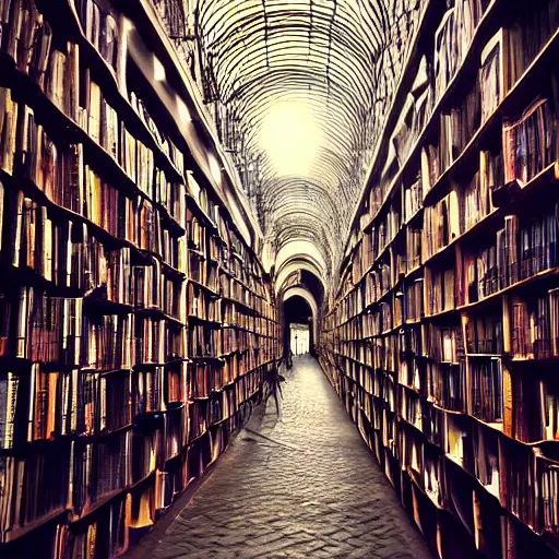 Image similar to “lost in a vast winding and overlapping labyrinth that is Powell’s City of Books. High arches platforms and catwalks are sunlit in this Creepy liminal photo. Hyperrealistic, benchmark resolution photo”