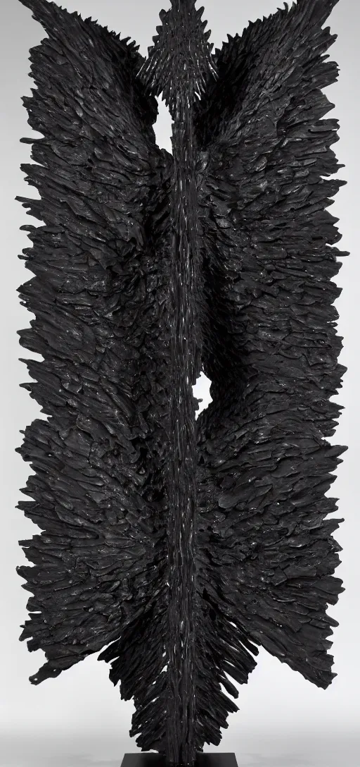 Image similar to ASYMMETRICAL brutalist black metal winged abstract sculpture made of glossy black liquid latex and industrial hardware, sharp irregular shapes, designed by nancy grossman, anish kapoor, herman nitsch, 8k hyperrealistic, hyper-detailed, highly textured, dark volumetric lighting