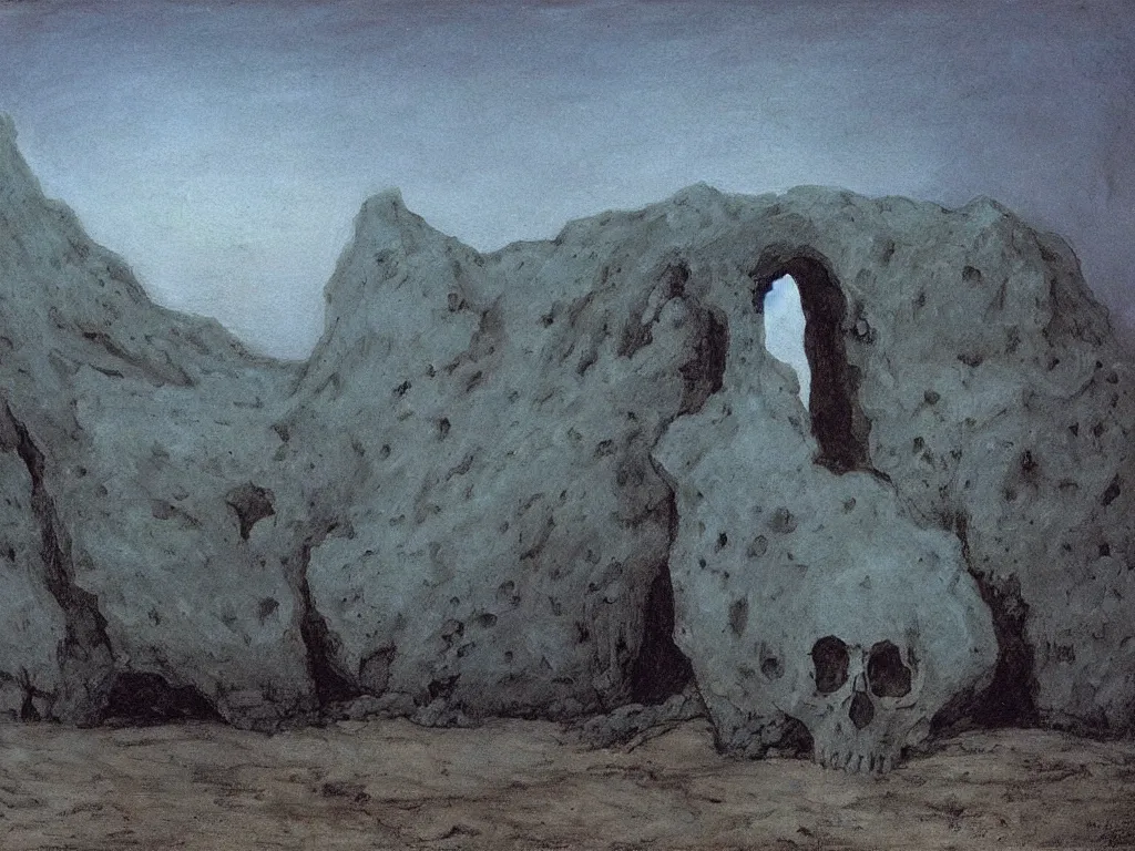Prompt: Giant crystal rocks at the edge of a sandy beach. Mirror skull cave. Desolate, looming, trenchant, abyss. Painting by Caspar David Friedrich, Beksinski