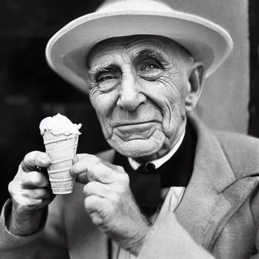 Image similar to 1930s photograph of a wrinkled old man with a hat made out of ice cream