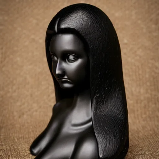 Image similar to portrait sculpt of beautiful black haired female angel, shameful, sad, dark