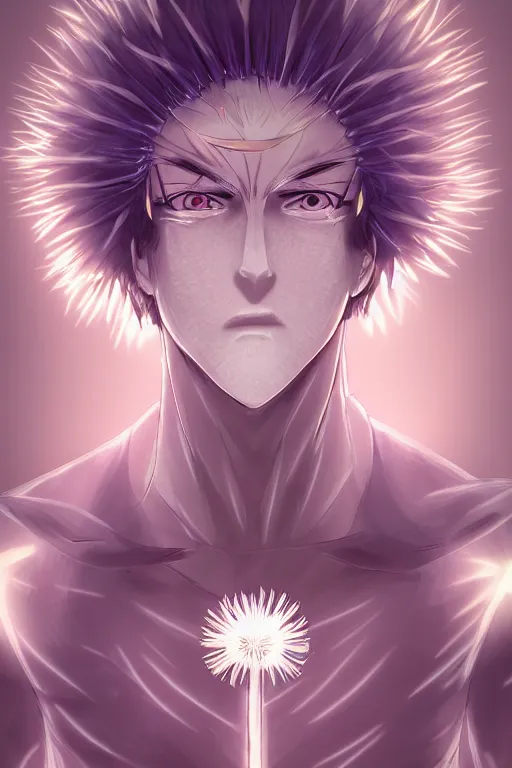 Image similar to glowing luminescent dandelion male anime character, symmetrical, highly detailed, digital art, sharp focus, trending on art station, amber eyes, autumnal colours